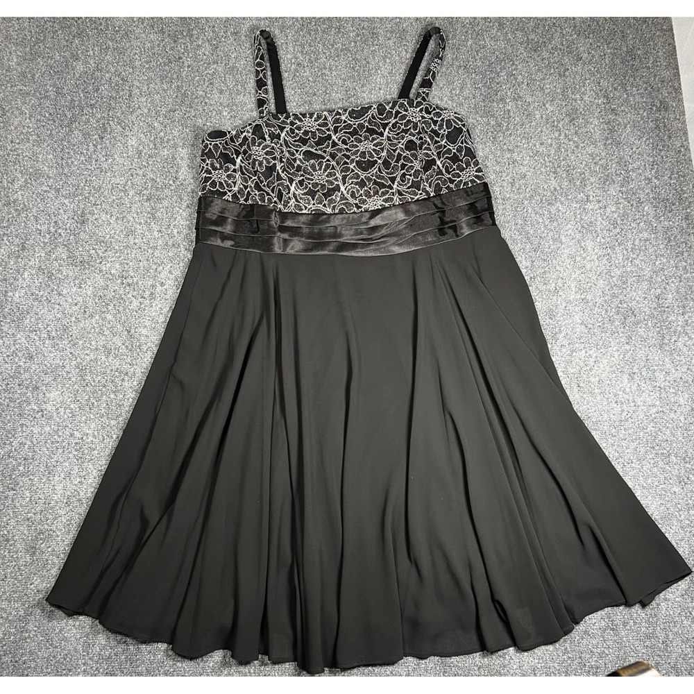 Jessica Howard Womens 16W Black Silver Lace Satin Trim Chiffon Cocktail Dress